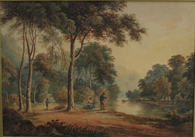 Lot 1102 - F. Nicholson watercolour landscape- figures fishing by woodland river, signed, in glazed gilt frame