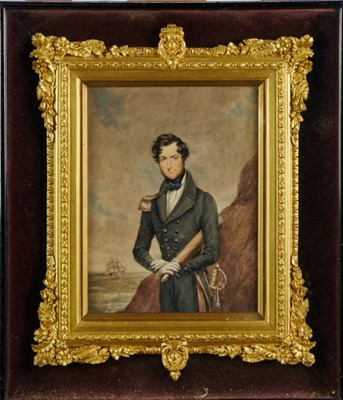 Lot 1104 - Attributed to James Warren Childe - portrait of a naval officer with seascape behind, in glazed gilt frame