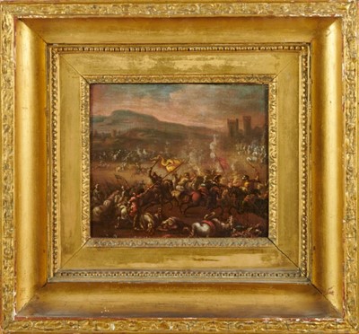 Lot 1074 - Circle of Philips Wouwerman (1618-1668), oil on canvas laid to panel, Pair of Cavalry Skirmishes