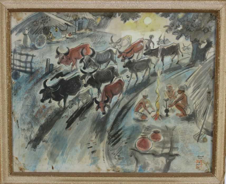 Lot 1114 - Shiavax Chavda (1914-1990) watercolour and ink - Cattle charging through a village, signed and dated