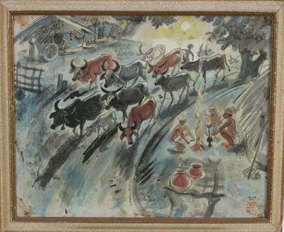 Lot 1114 - Shiavax Chavda (1914-1990) watercolour and ink - Cattle charging through a village, signed and dated