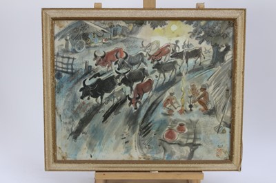 Lot 1114 - Shiavax Chavda (1914-1990) watercolour and ink - Cattle charging through a village, signed and dated