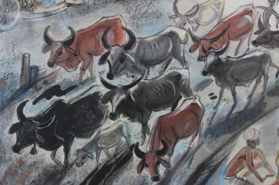 Lot 1114 - Shiavax Chavda (1914-1990) watercolour and ink - Cattle charging through a village, signed and dated