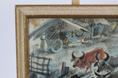 Lot 1114 - Shiavax Chavda (1914-1990) watercolour and ink - Cattle charging through a village, signed and dated