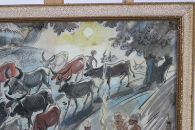 Lot 1114 - Shiavax Chavda (1914-1990) watercolour and ink - Cattle charging through a village, signed and dated