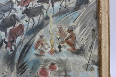 Lot 1114 - Shiavax Chavda (1914-1990) watercolour and ink - Cattle charging through a village, signed and dated