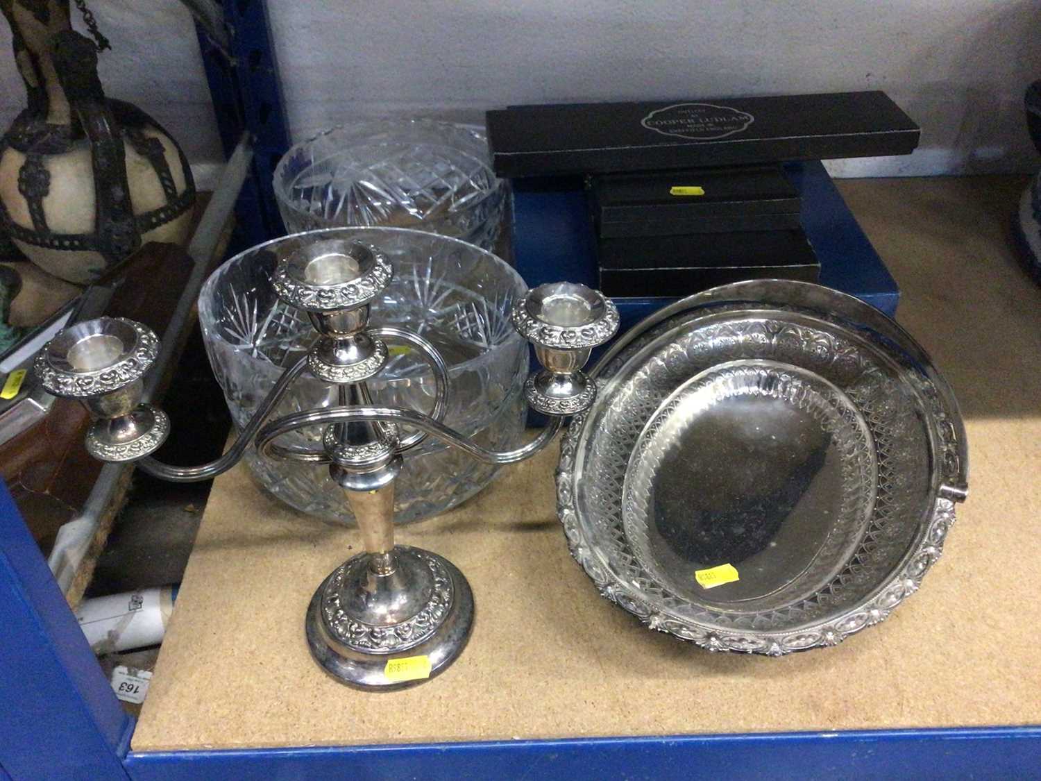 Lot 43 - Silver plated candle stick and dish, and crystal bowls
