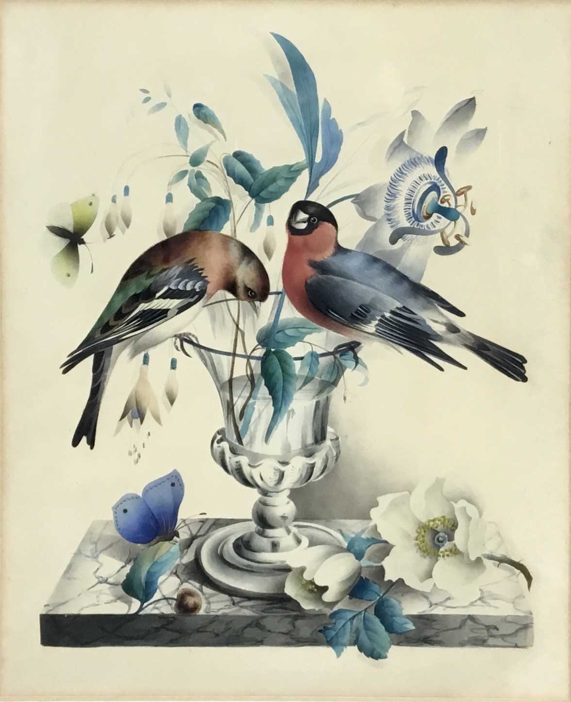 Lot 32 - 19th century watercolour - still life with finches and butterflies, in glazed frame