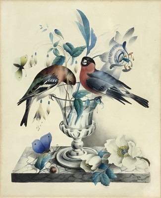 Lot 32 - 19th century watercolour - still life with finches and butterflies, in glazed frame