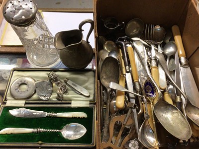 Lot 733 - Silver topped glass sugar caster, silver and mother of pearl fruit knife, plated cutlery and sundries