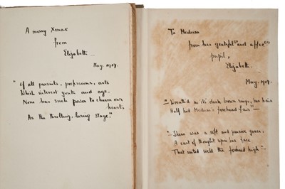 Lot 8 - Lady Elizabeth Bowes- Lyon (later H.M.Queen Elizabeth The Queen Mother), two inscribed books to her Governess- "Scott-Days with the poets" by May Byron inscribed by Elizabeth ' To Medusa ( her af...