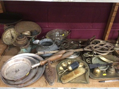 Lot 507 - Quantity brass and other metalware including oil lamp base, kitchen scales, pans and some plated items