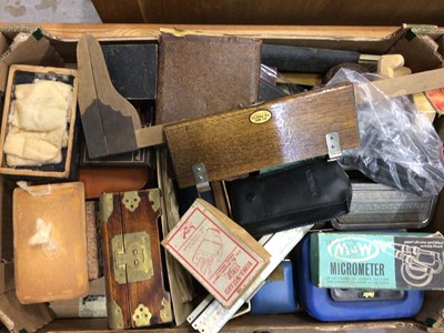 Lot 505 - Vintage leather doctor's briefcase, collection of old tins, drawing instruments and sundries