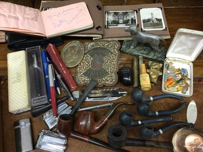 Lot 346 - Group pipes, autograph book, pens, backstage access passes, dog paperweight and other items