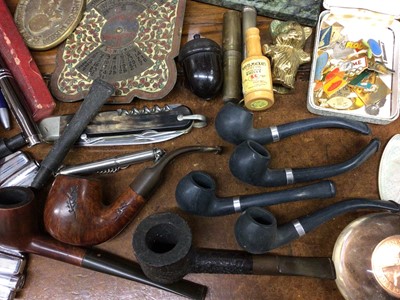 Lot 346 - Group pipes, autograph book, pens, backstage access passes, dog paperweight and other items