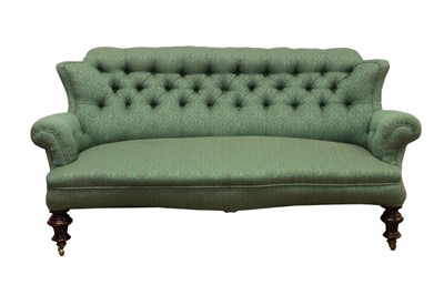 Lot 1272 - Victorian green button upholstered sofa, of small size, serpentine seat on turned legs and castors, approximately 155cm long