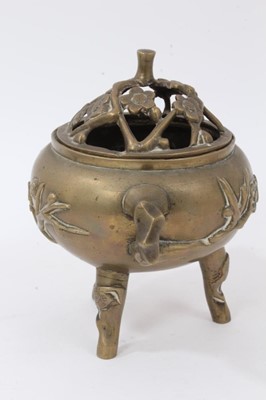 Lot 844 - Chinese bronze censer with prunus decoration, reign mark to base