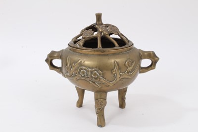 Lot 844 - Chinese bronze censer with prunus decoration, reign mark to base