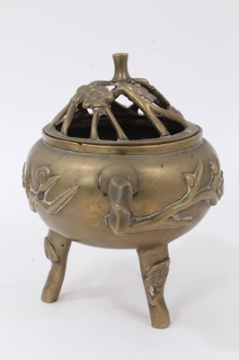 Lot 844 - Chinese bronze censer with prunus decoration, reign mark to base