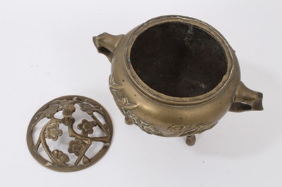 Lot 844 - Chinese bronze censer with prunus decoration, reign mark to base