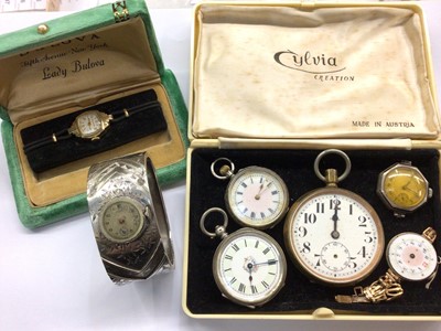 Lot 729 - Art Deco Bulova gold plated ladies wristwatch in original case, two silver cased fob watches, others and white metal bangle with added watch face