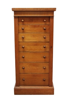 Lot 1286 - Victorian mahogany Wellington chest, with seven graduated drawers between locking stiles on plinth base, 58cm wide x 39cm deep x 124cm high