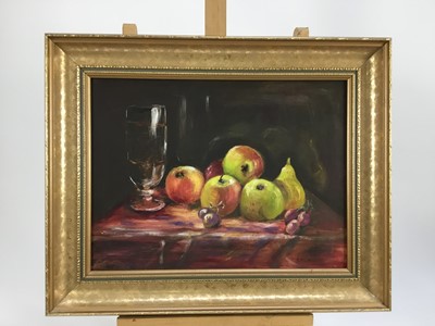 Lot 115 - Jeremy Andrews oil on board - self portrait with National Portrait gallery award label verso, together with an RM Simpson oil on board still life (2)