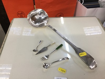 Lot 709 - Silver plated fiddle and thread pattern serving ladle, together with a pickle fork, silver bookmark and silver salt spoons