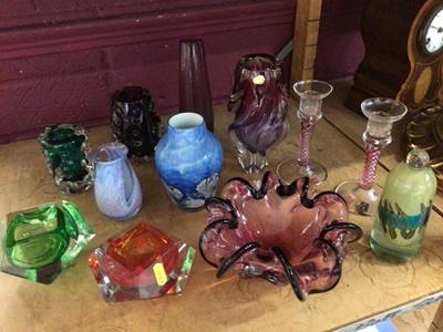 Lot 402 - Group of coloured art glass including Caithness vase, two Liskeard vases, others and pair Langham candlesticks