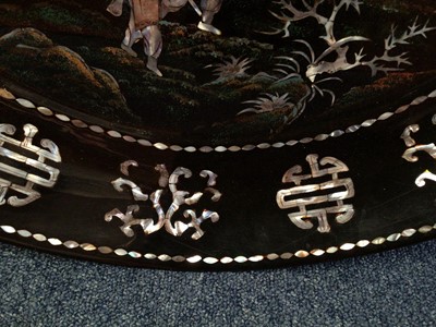 Lot 254 - Large Eastern mother of pearl inlaid dish decorated with warriors, with character marks around the edge, together with a similar box, possibly Chinese