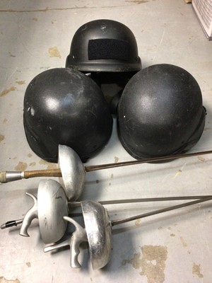 Lot 458 - Three PASGT helmets, three fencing foils including two by Leon Paul Pro-Range