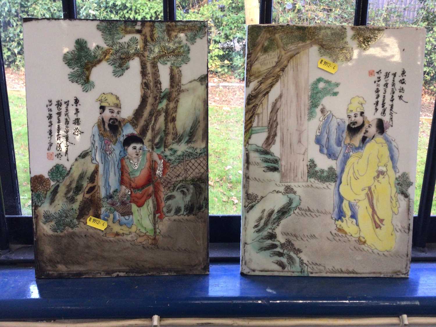 Lot 29 - Pair of Chinese porcelain plaques, 20th century, painted with figures and calligraphy