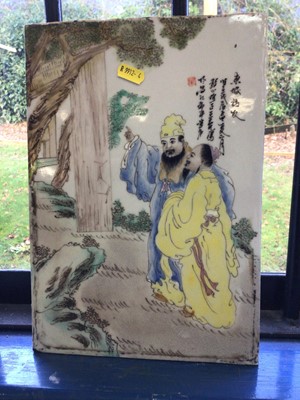 Lot 29 - Pair of Chinese porcelain plaques, 20th century, painted with figures and calligraphy