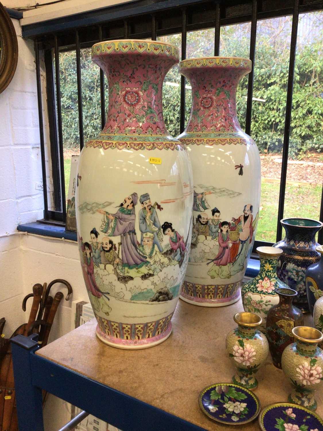 Lot 30 - Large pair of Chinese famille rose porcelain baluster vases, 20th century, painted with figures and calligraphy, 61.5cm high