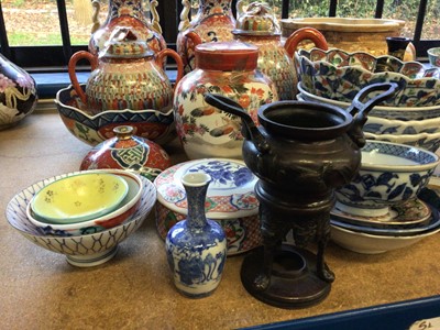 Lot 32 - Quantity of antique and later Japanese ceramics, including a large Satsuma bowl, Imari vases, etc, together with a bronze censer