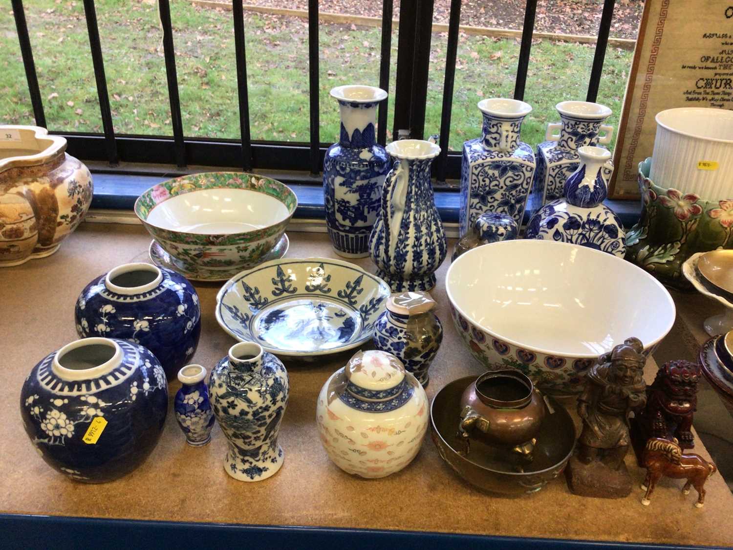Lot 33 - Quantity of antique and later Chinese porcelain, including Canton bowl and dish, blue and white prunus jars, etc, together with other Chinese objects