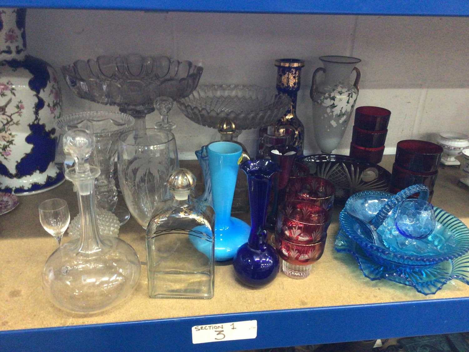 Lot 36 - Collection of antique and later glassware, including cut cranberry glasses, decanters, etc