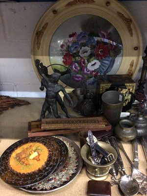 Lot 41 - Sundry antique and later items, including a Tunbridge ware cribbage board, watches, Eastern metal wares, Grand Tour style spelter figures, etc