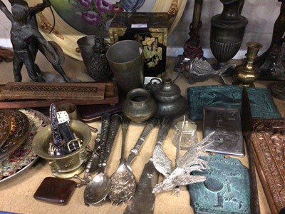 Lot 41 - Sundry antique and later items, including a Tunbridge ware cribbage board, watches, Eastern metal wares, Grand Tour style spelter figures, etc