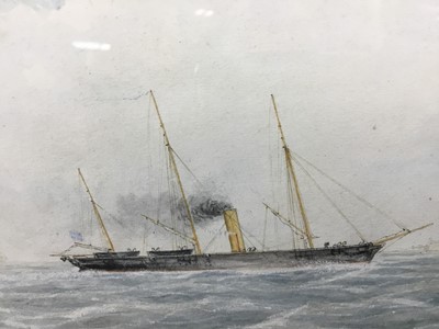 Lot 63 - Two 19th century marine watercolours - Trade ship, 20cm x 12cm, Boats at harbour 29cm x 16cm behind glass in wooden frames