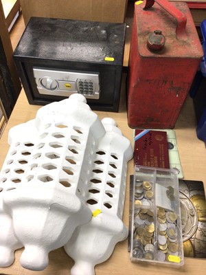 Lot 429 - Three white painted wall bracket light covers, Yale safe, vintage fuel can and group of Italian coins