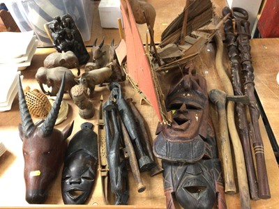 Lot 420 - Group African carved wood figures, animals, masks, walking sticks etc