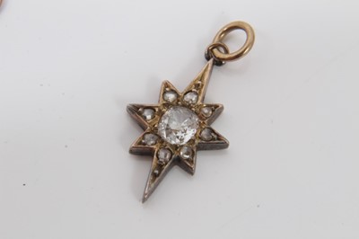 Lot 11 - 9ct gold horse fob with carnelian seal, one other 9ct gold fob on 9ct gold chain, Victorian diamond star pendant, 9ct gold and enamel nautical flag brooch
