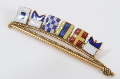 Lot 11 - 9ct gold horse fob with carnelian seal, one other 9ct gold fob on 9ct gold chain, Victorian diamond star pendant, 9ct gold and enamel nautical flag brooch