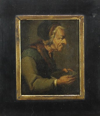 Lot 1052 - Attributed to Adriaen Van Ostade (1610 - 1685) oil on panel- beggar proffering his begging bowl, in  
black and gilt frame. 13 x 10cm.