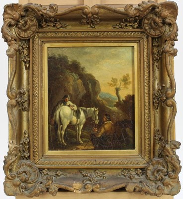 Lot 1053 - 19th century Continental School oil on board- Travellers in a rocky landscape, in 
gilt frame. 20 x 17cm.