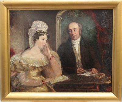 Lot 1044 - Early 19th century English School oil on canvas-  An elegant lady sat at a table with her solicitor, in gilt frame. 44 x 54cm.