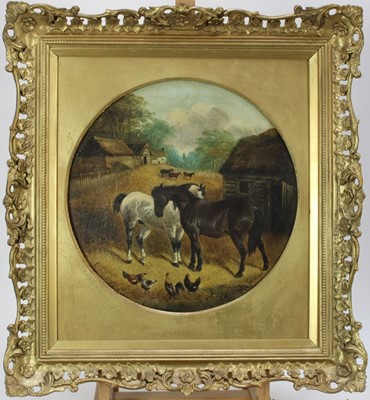 Lot 1042 - After J.F. Herring, oil on board, 19th century tondo, of a farmyard 
scene with horses and chickens, in ornate gilt frame. 
Diameter 38cm.