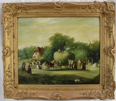 Lot 1081 - Early 19th century English School oil on canvas- pastoral hay 
making scene, in gilt frame. 49 x 60cm.