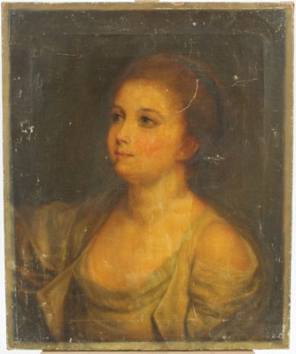 Lot 1051 - 19th century French School oil on canvas- half length portrait of a young lady, unframed. 47 x 38cm.